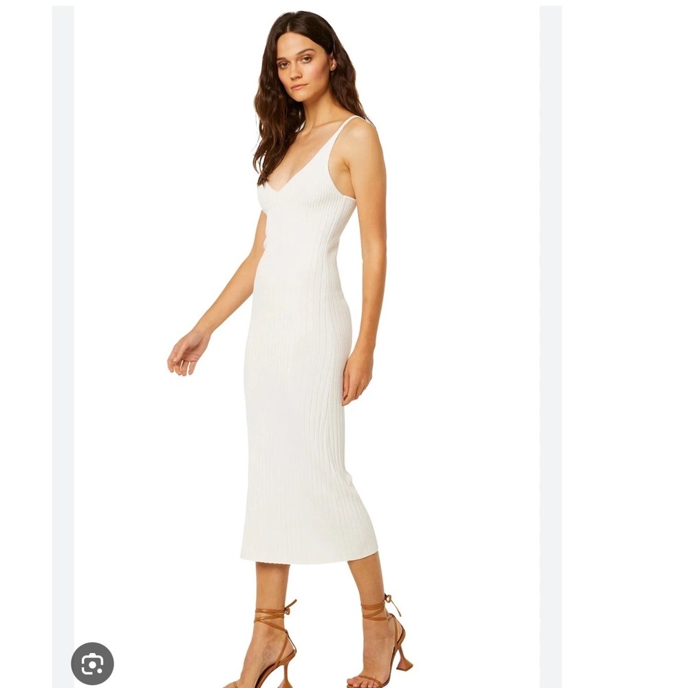 MISA Los Angeles Ribbed‎ Knit Midi Dress White V-Neck Spaghetti Strap URKD7793 L